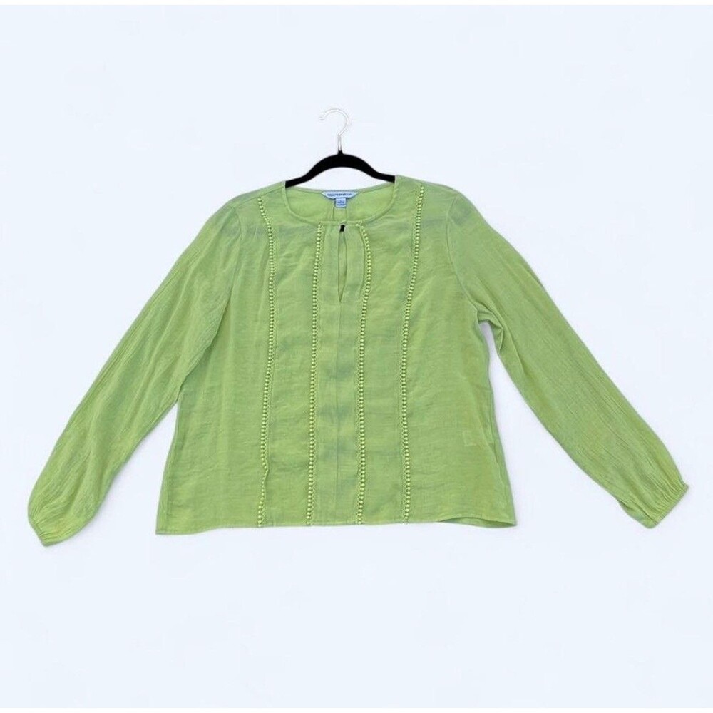 COUNTERPARTS LIME GREEN SIZE LARGE LONG SLEEVE BLOUSE with POM POM TRIM DETAILS - Picture 10 of 10